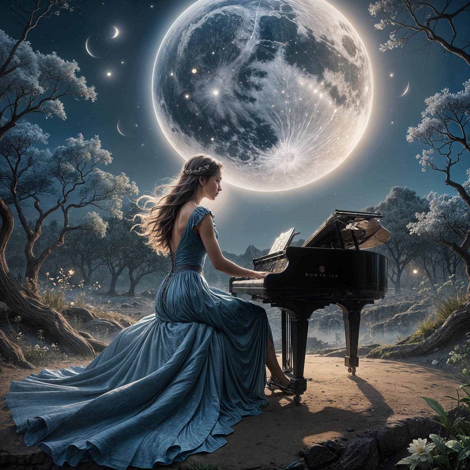 Woman Playing Piano Under Moonlight in 3D