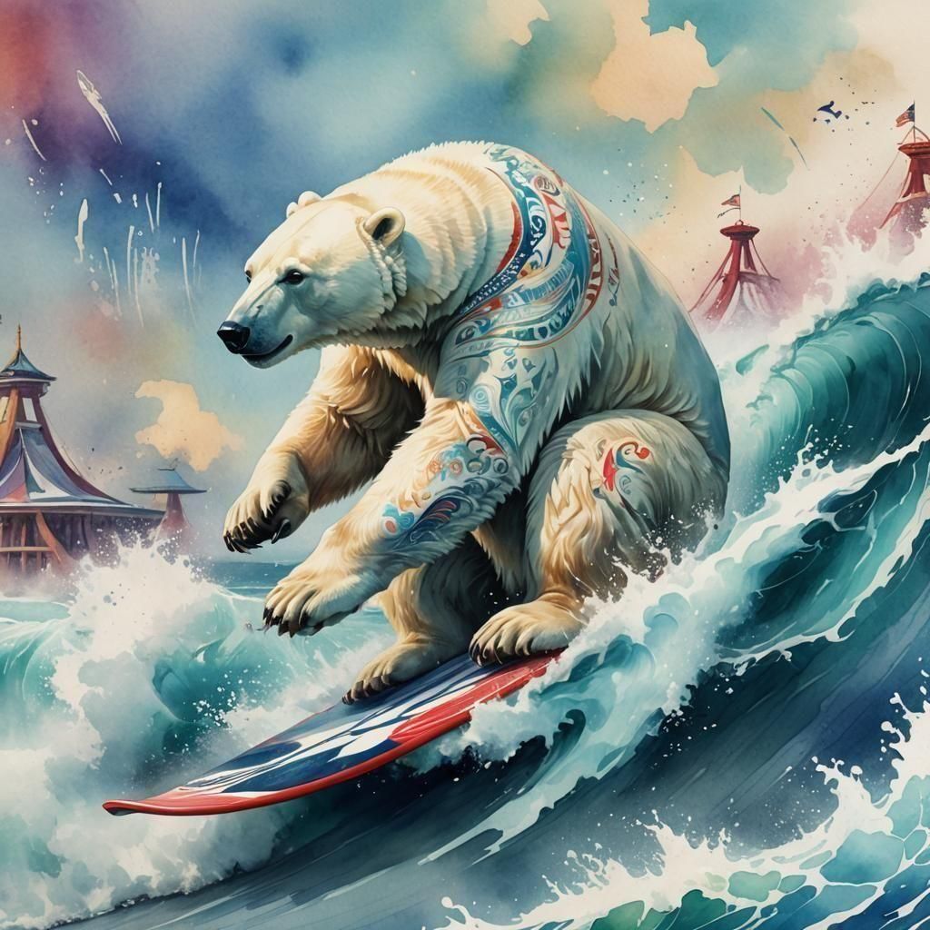 One polar bear doing olympic surfing modern watercolor   by @Tilted25