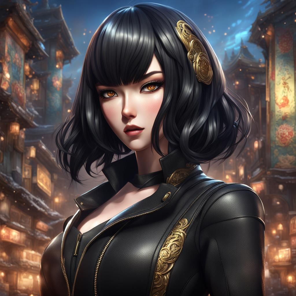 Anime illustrated image of a Voluptuous Anime woman with bla...