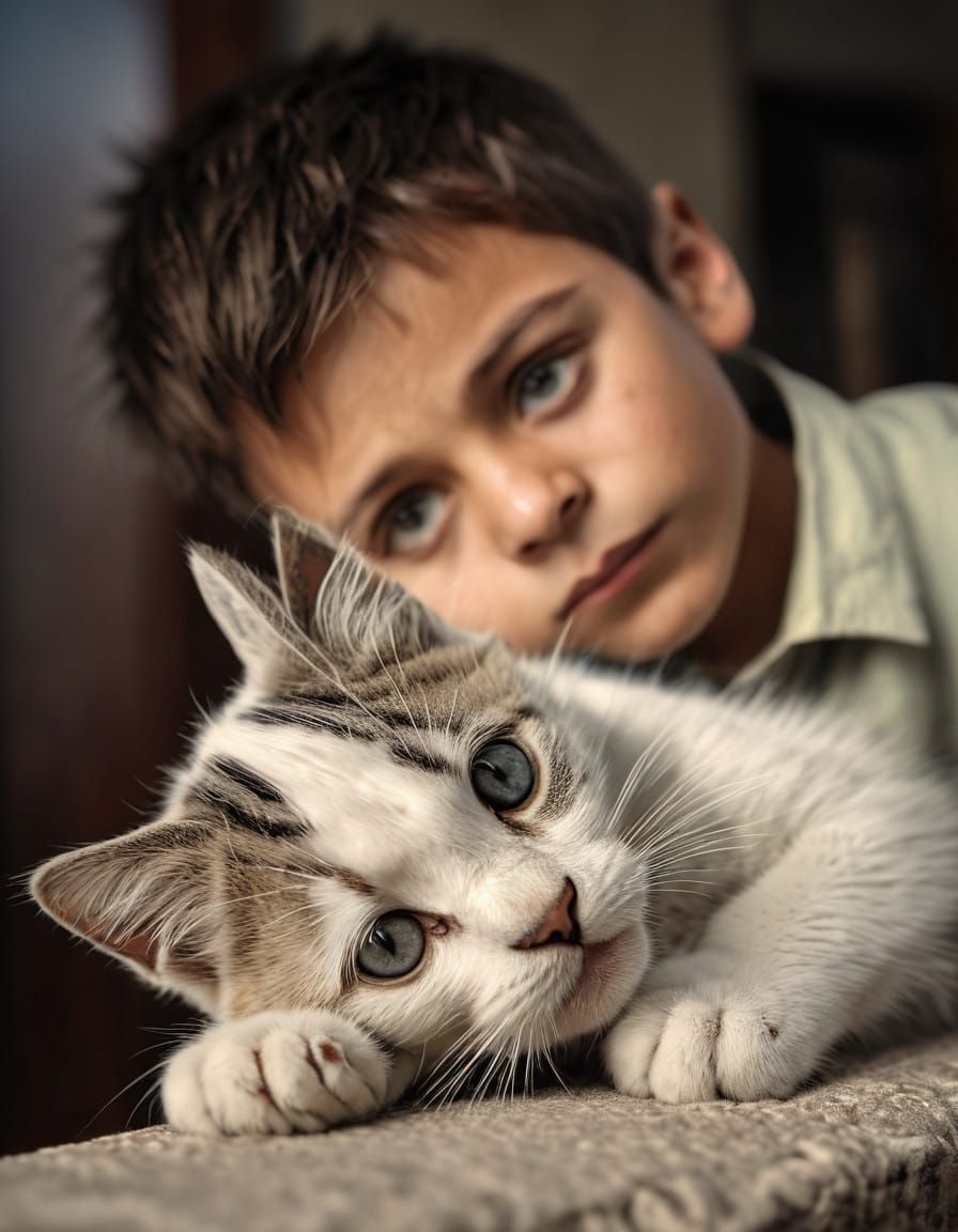 Kitten cat and little boy, intricate details, HDR, beautifully shot, hyperrealistic, sharp focus, 64 megapixels, perfect composition, high c...