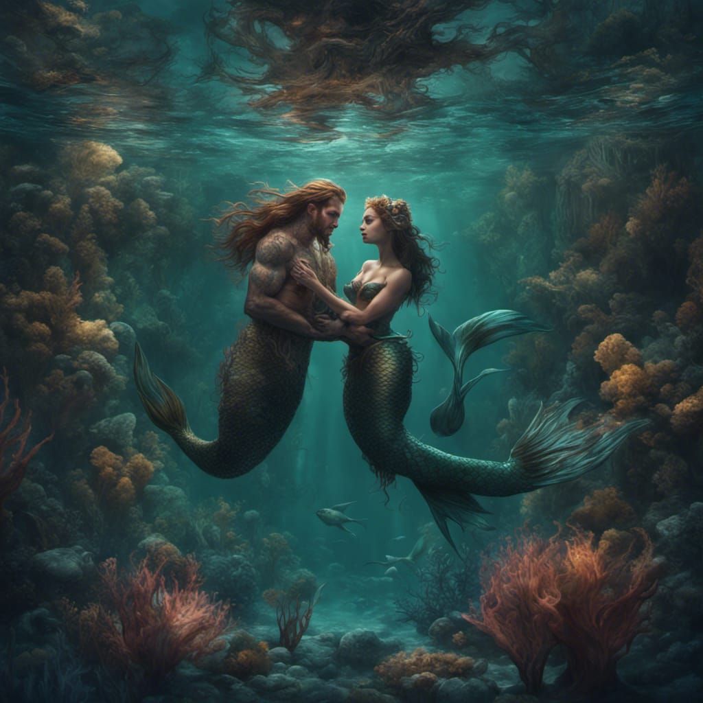 Mermaid and merman twined together under the water, viewpoint above and