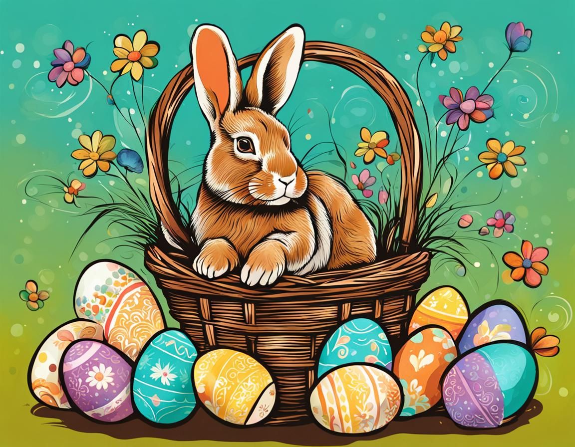 A rabbit in a Easter basket filled with Easter eggs