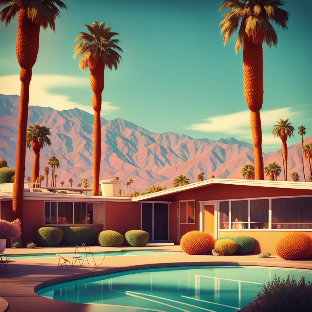 A retro postcard of mid century palm springs that says Greetings from ...