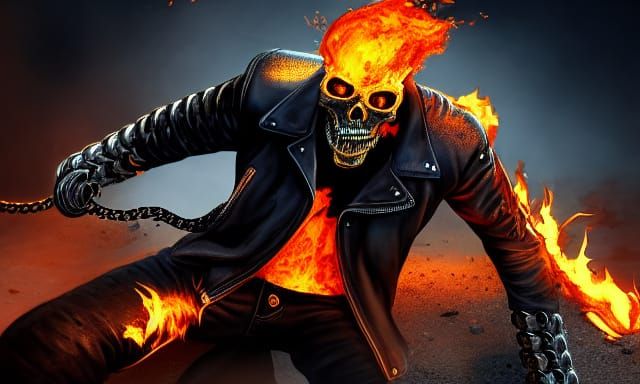 Crushing skull with bare fist, Ghost rider wearing leather jacket ...