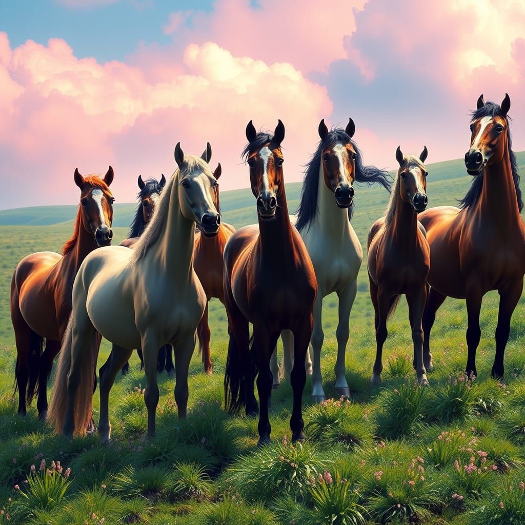 Horses on Green Grass in Detailed Matte Painting Style
