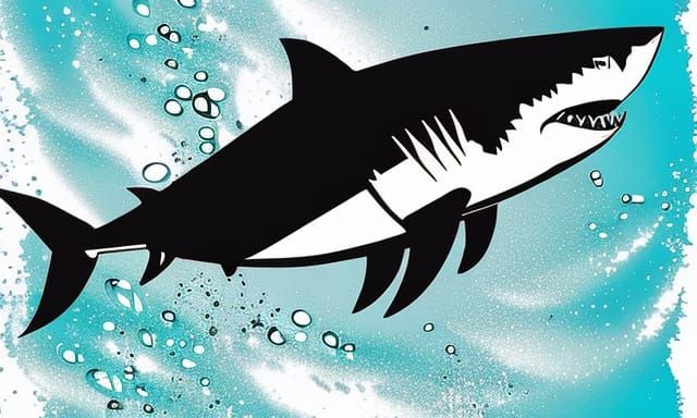 Ink splash drawing of a great white shark robot, biopunk, in...