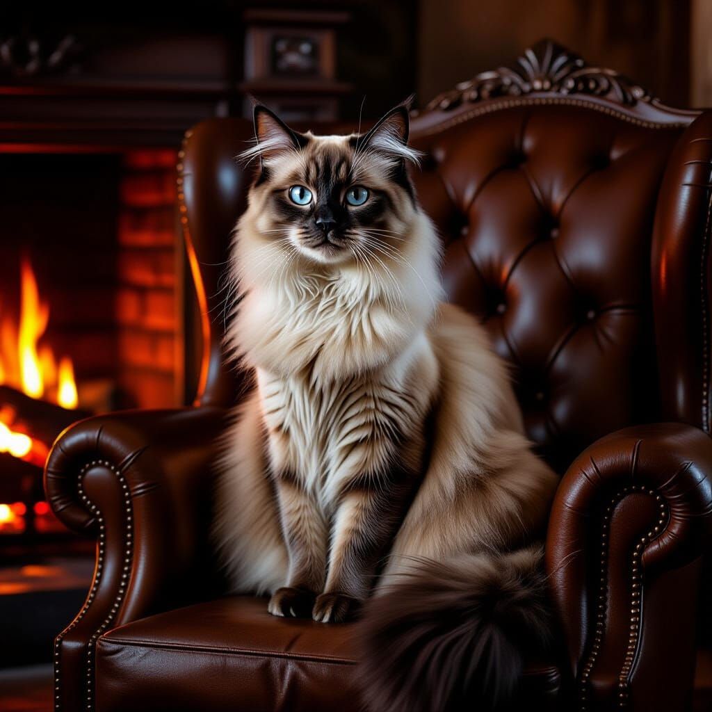 Majestic Siamese Cat on Leather Chair by Fireplace