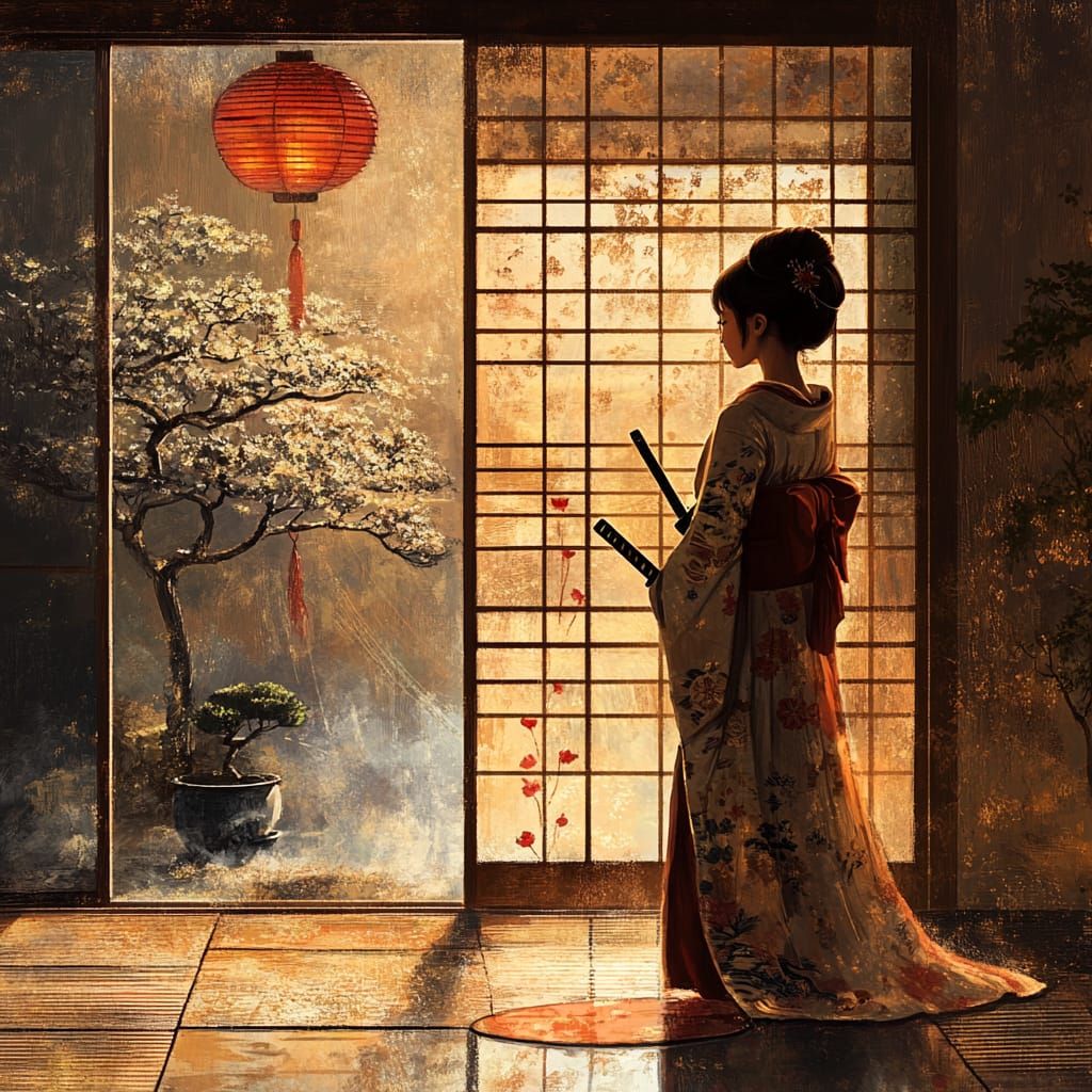 secret samurai geisha, with a traditional kimono concealing her katana