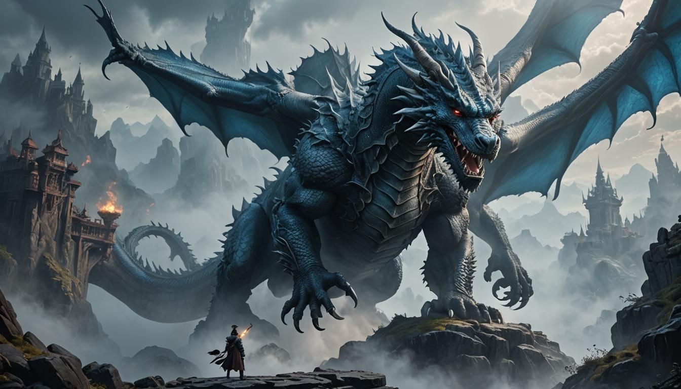 the dragon is difficult to see behind the silver-blue fog de...