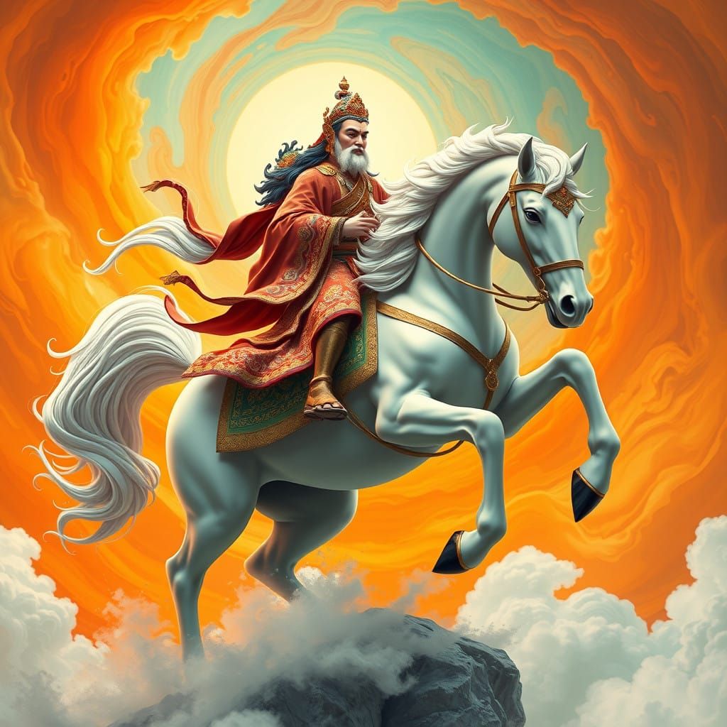 Surreal God Rides a Majestic White Horse Through Illusory Re...