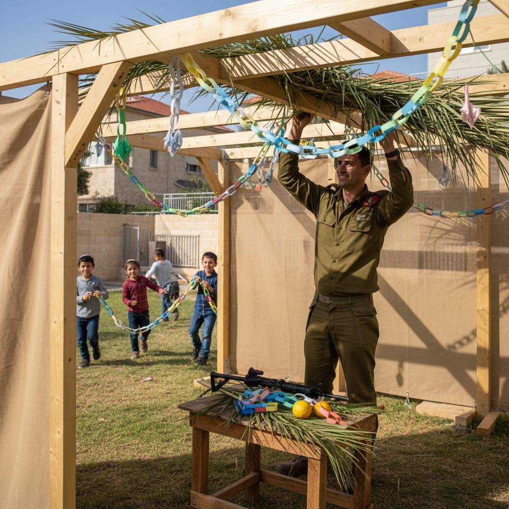 Israeli Soldier Building Sukkah for Sukkot