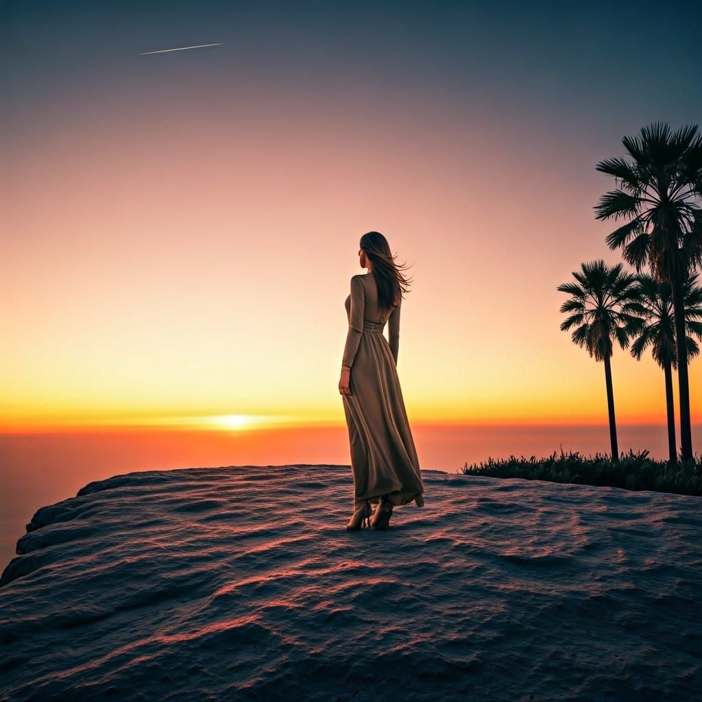 Woman at Sunset in 80s Cinematic Style