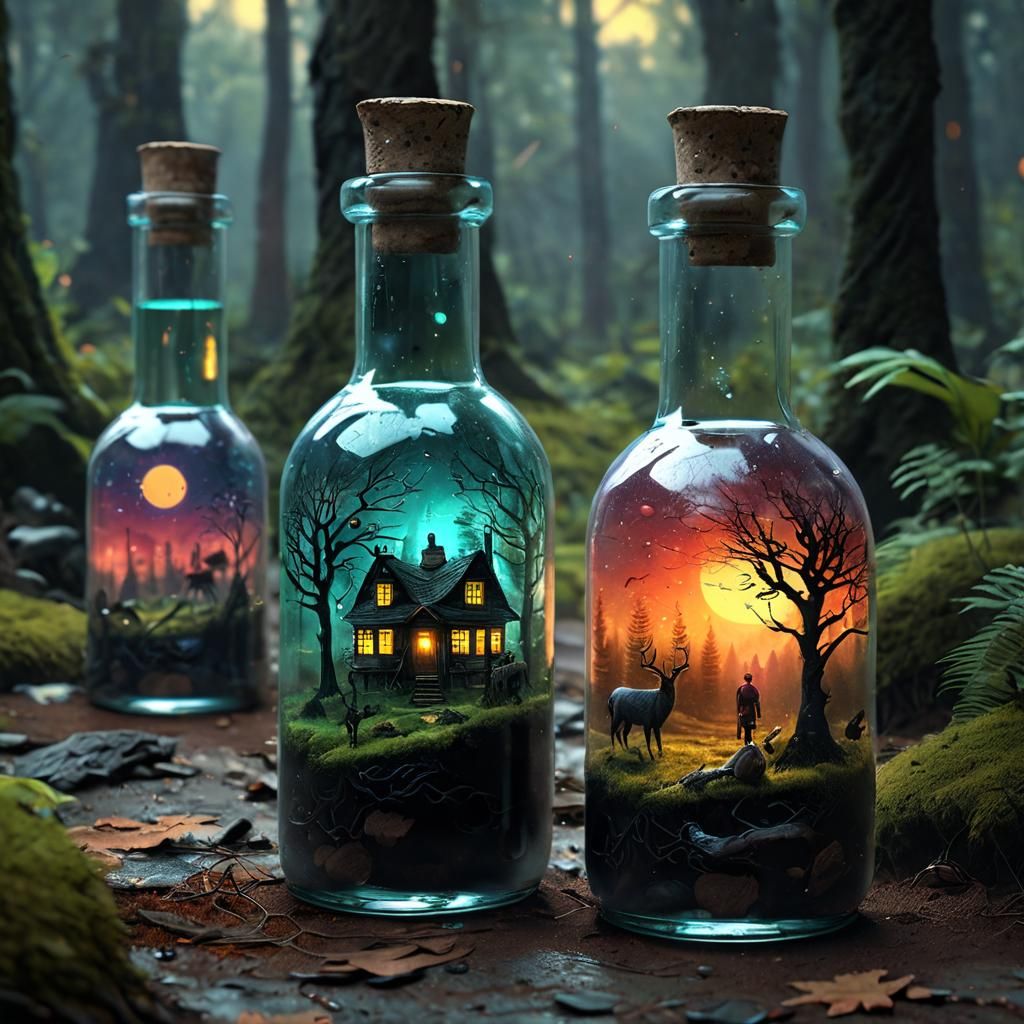 Insanely detailed photograph of a Two different Magic World Inside Bottles, with sunsets and galaxy forest ...  by @Sereyo Sparkle