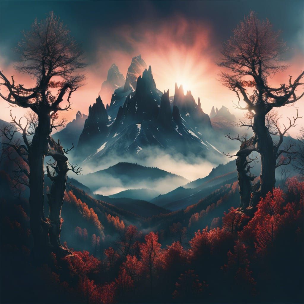 Misty Mountains Panorama at Dawn: Surreal Double Exposure