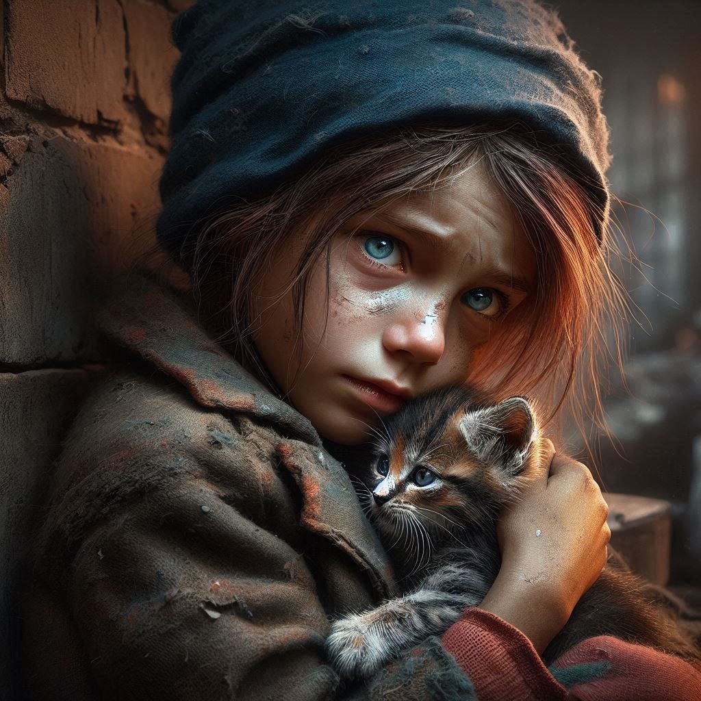 Young poor girl and her kitty