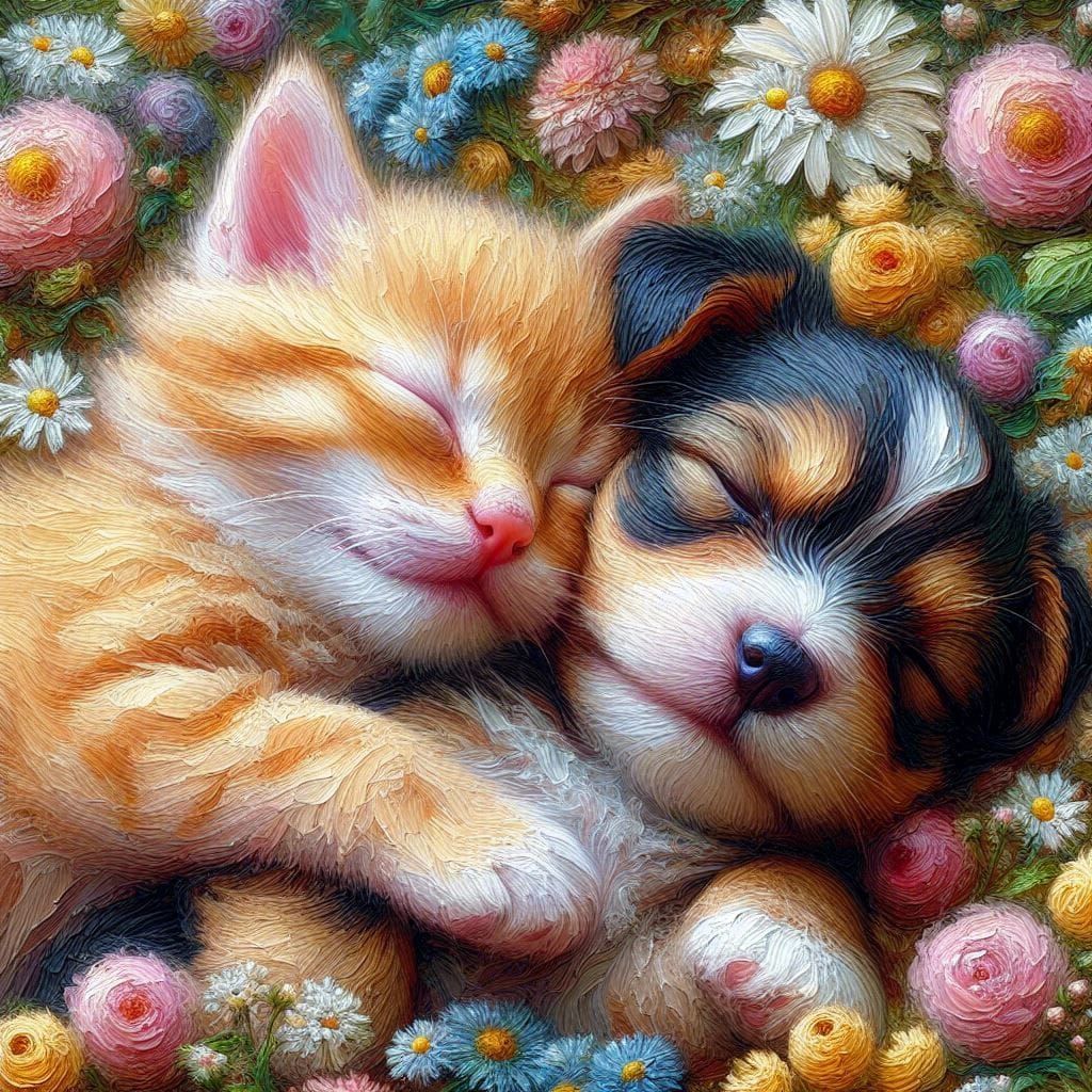 Snuggly Kitten & Puppy  by @Rosie