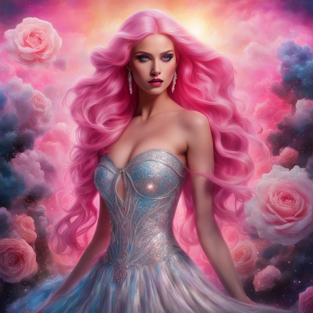 (beautiful woman long pink hair) (blue eyes) (long silver sk...