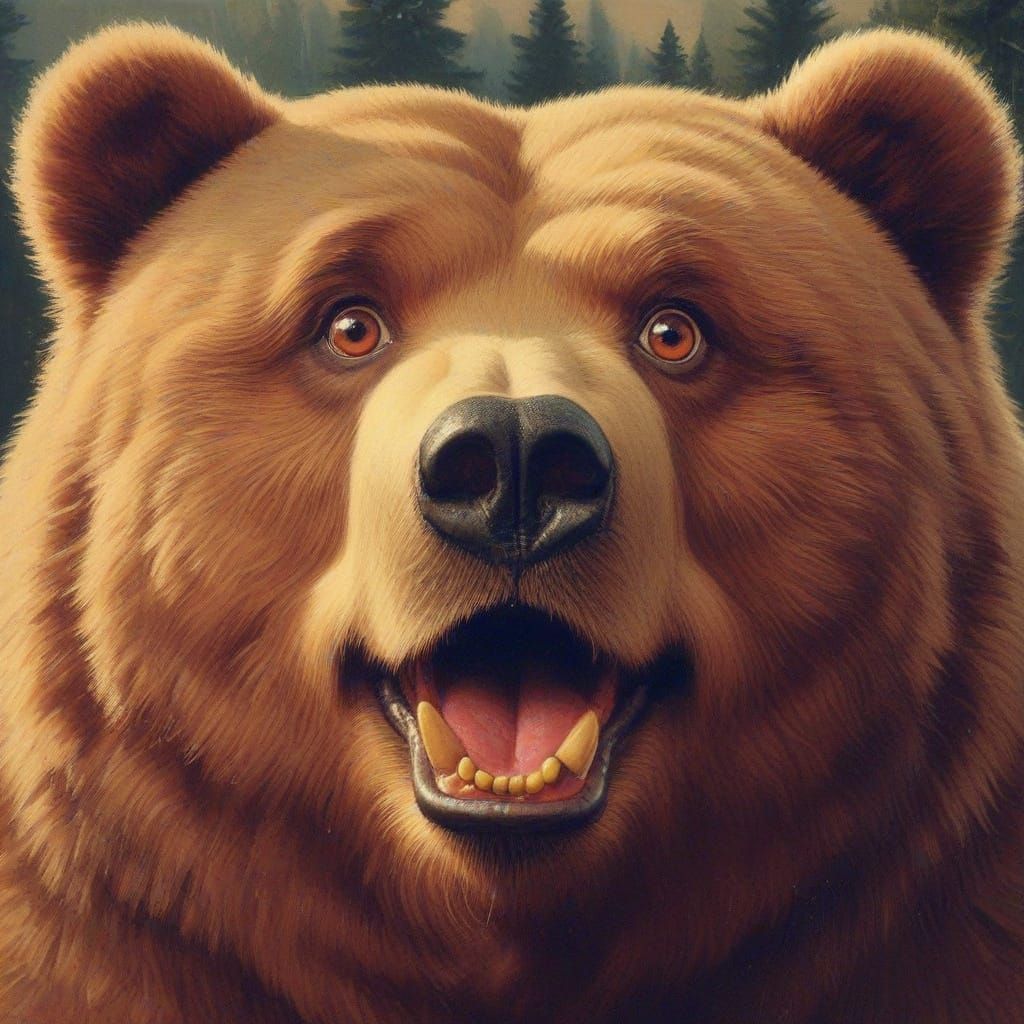 vintage Norman Rockwell style portrait: obese Kodiak Bear; looking at the viewer with excitement and anticipation;
