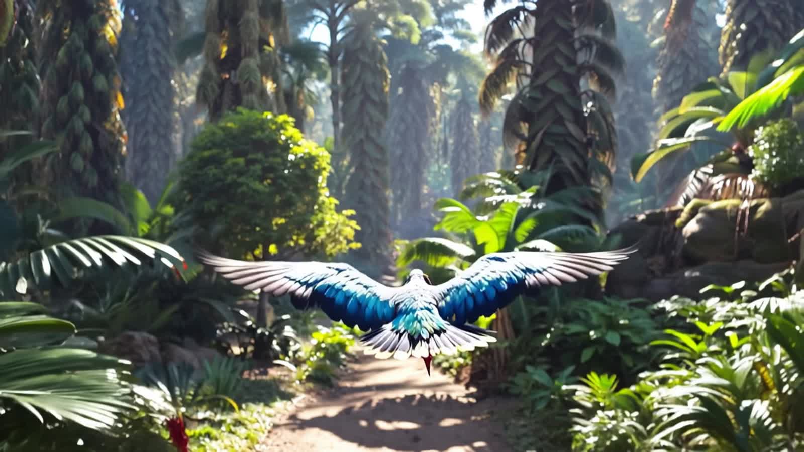 A stunning harlequin macaw flying through a sun dappled jungle Epic cinematic brilliant stunning intricate meticulously ...