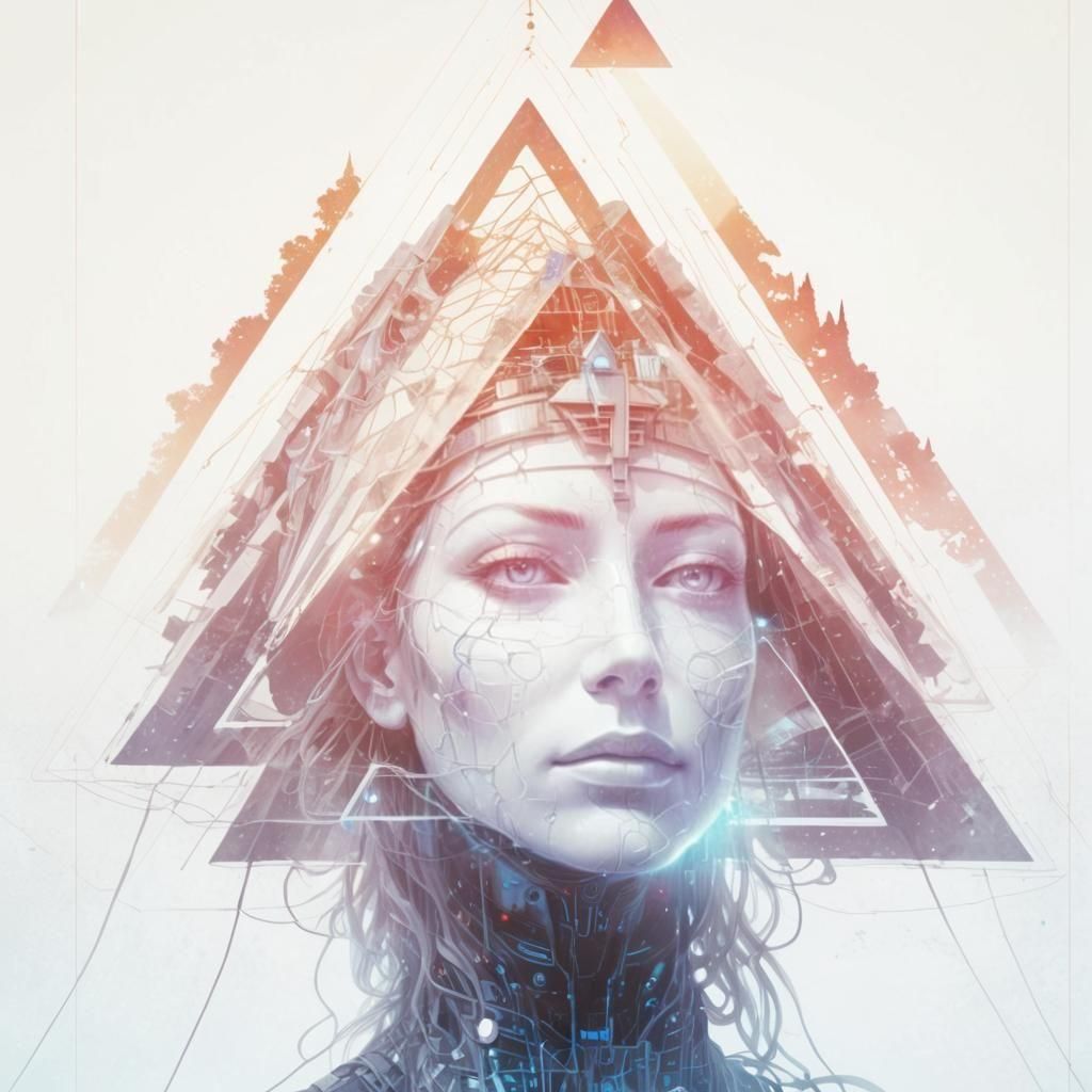 Surreal Android Pyramid Double Exposure Poster