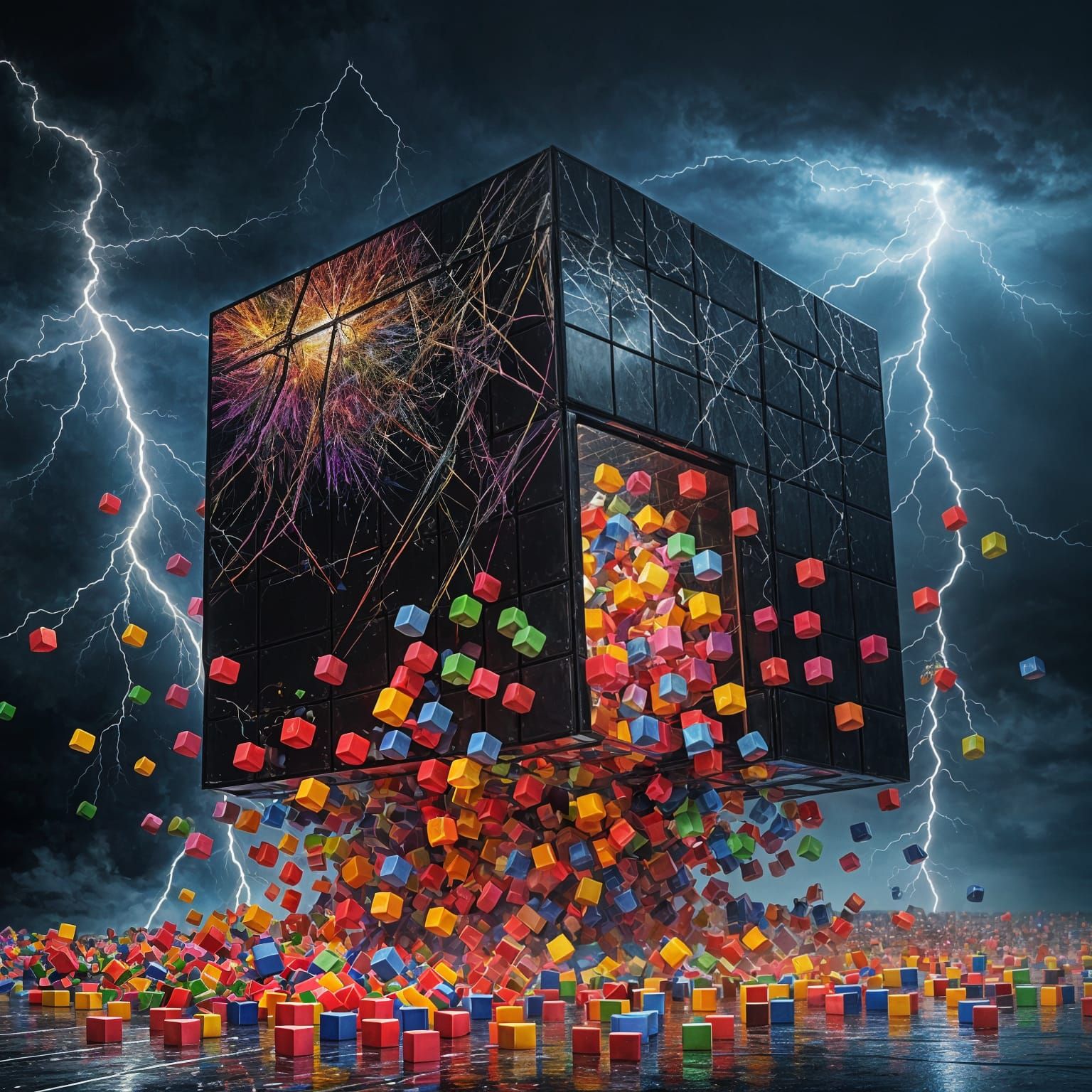 A large black cube burst and many small multi-colored cubes are pouring down from it. Lightning around. ...  by @Shuttleskipper