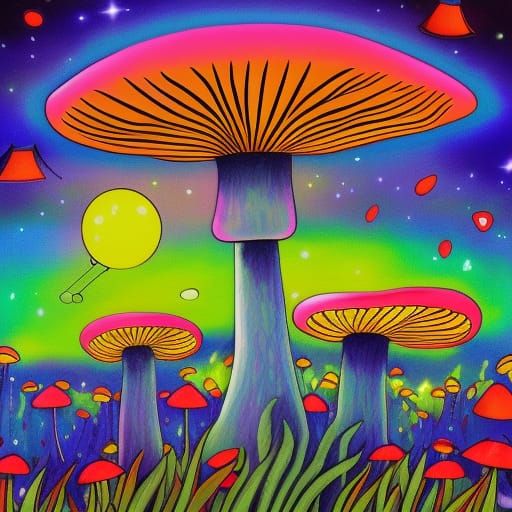 colorful psychedelic mushrooms and fireflies in the sky