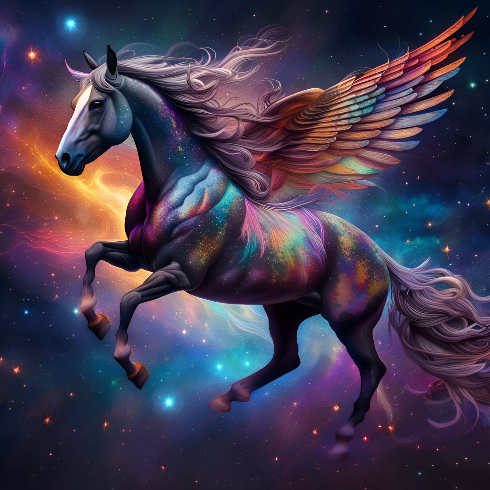 A horse with wings flying through the cosmos, galactic, star trail ...