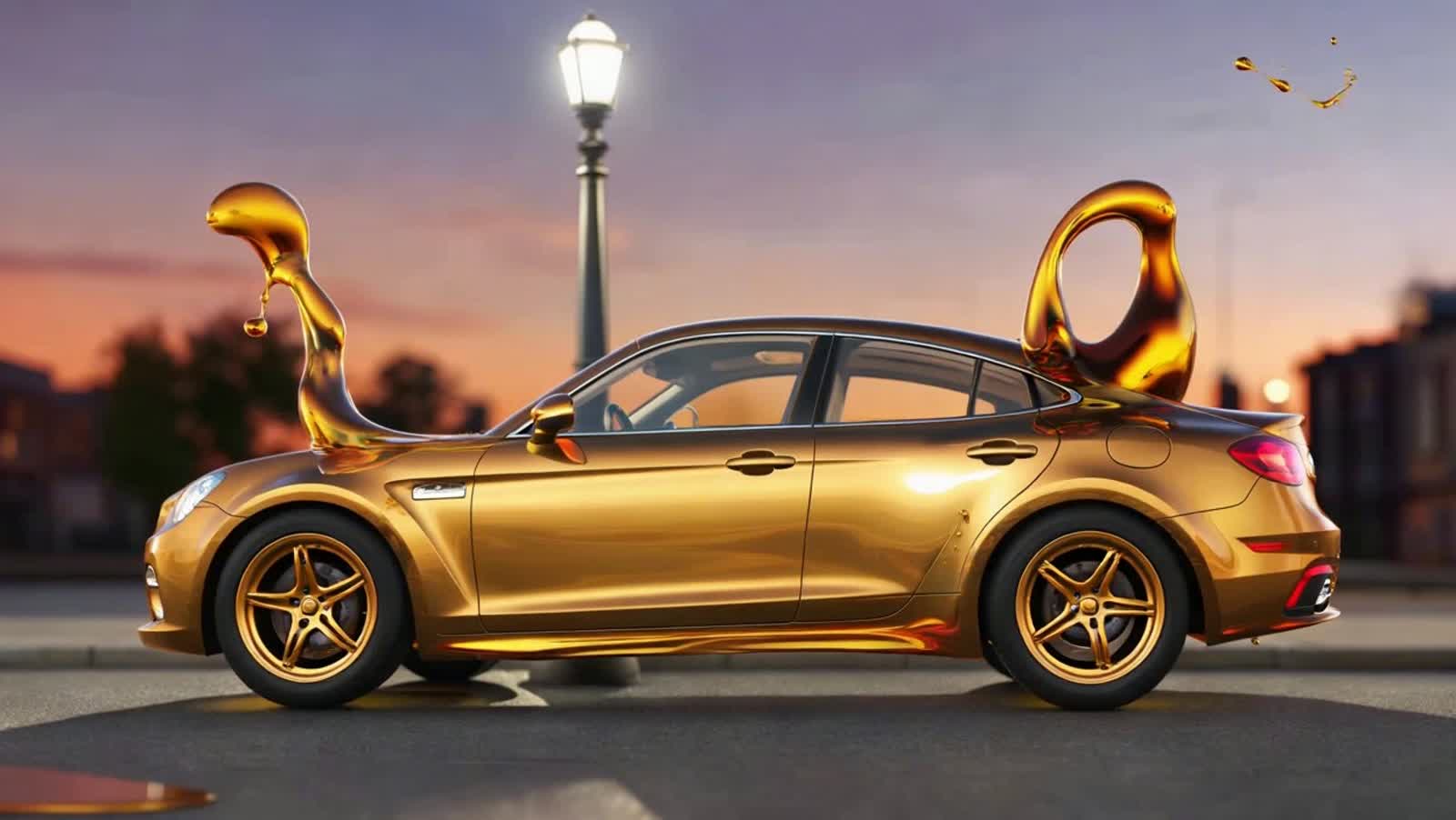 "A surreal, hyper-dramatic scene entirely made of flowing alcoholic liquids – a car sculpted from swirling amber and gol...