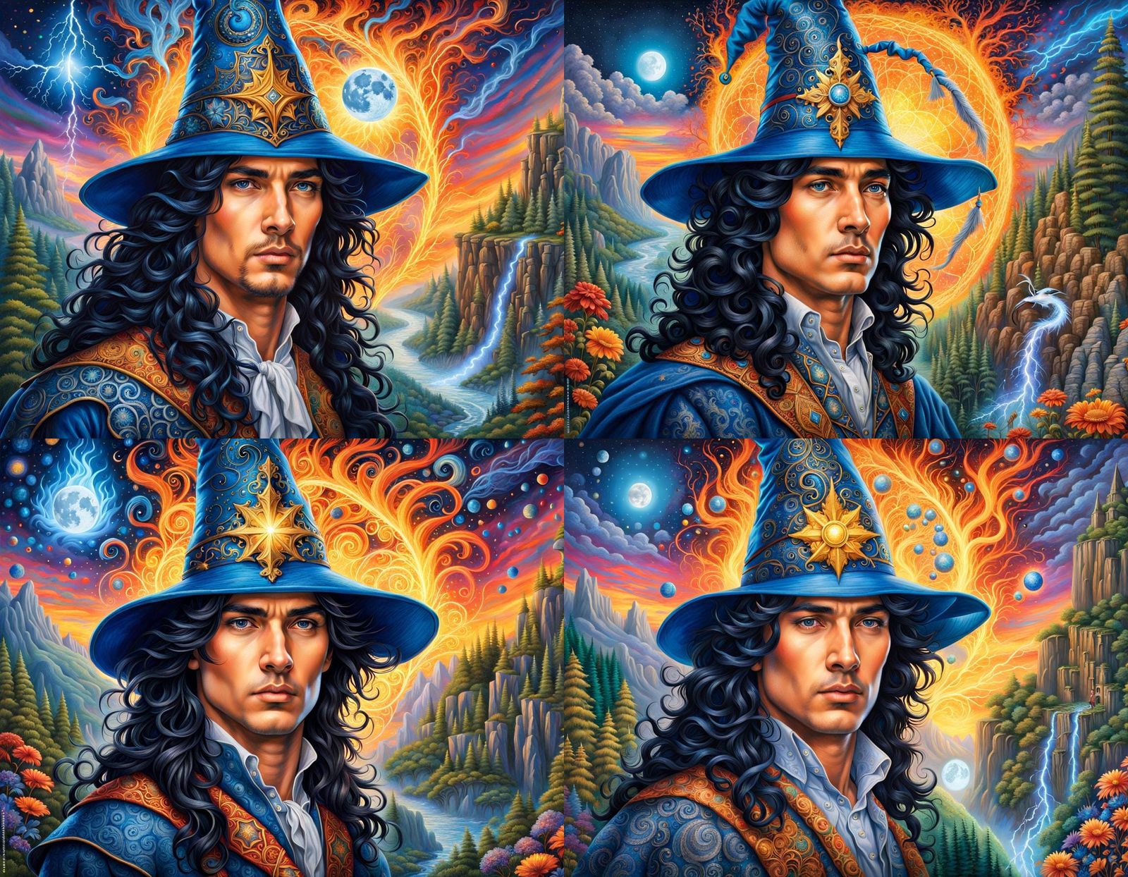 Very Closeup head and shoulders portrait of a handsome young wizard with black hair, blue eyes, wizard hat casting spell...