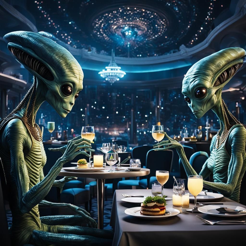 Two aliens on a date in a fancy restaurant.  by @Budzeez