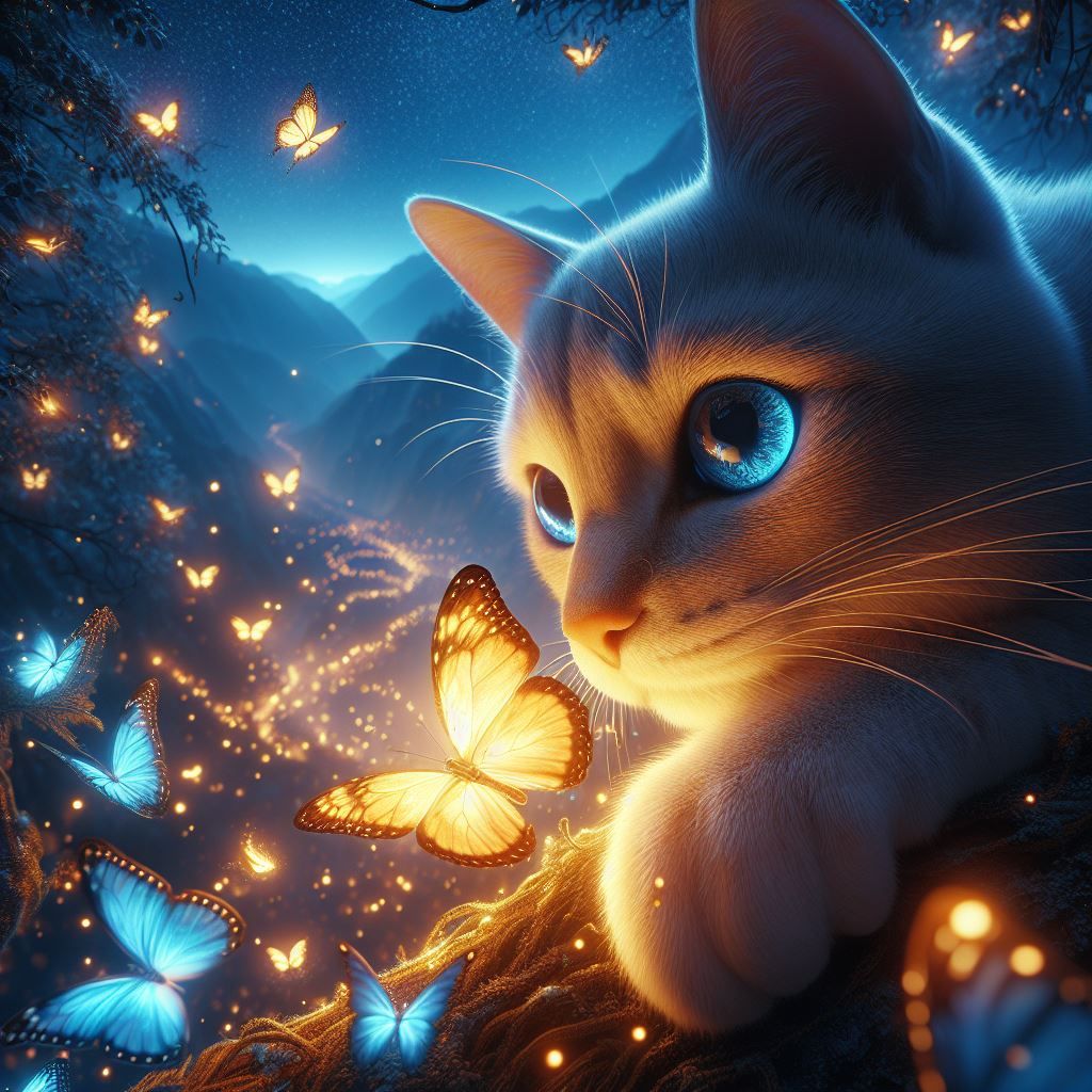 Cat playing with luminous butterflies.