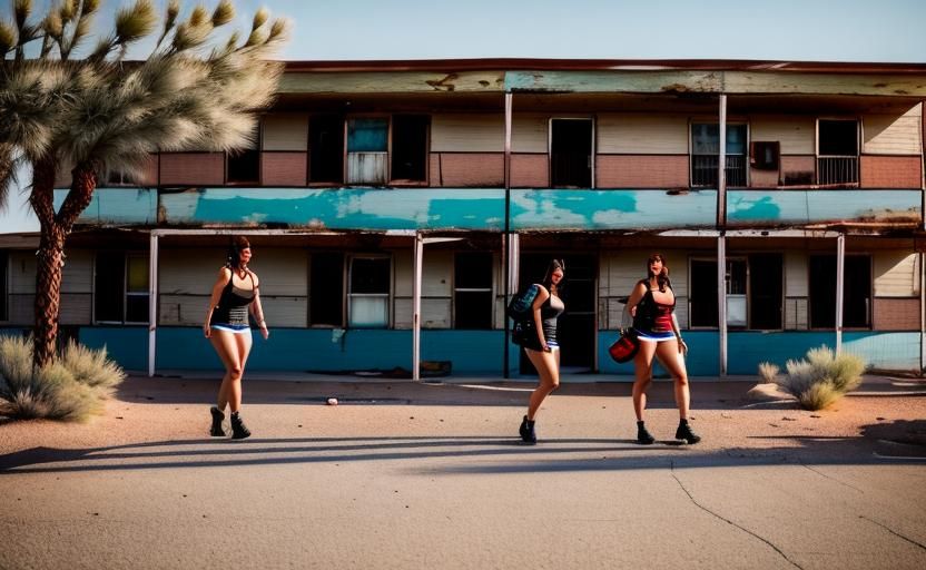 <lora:My DreamShaper:1.0> Girls hustle outside Creepy Motel ...