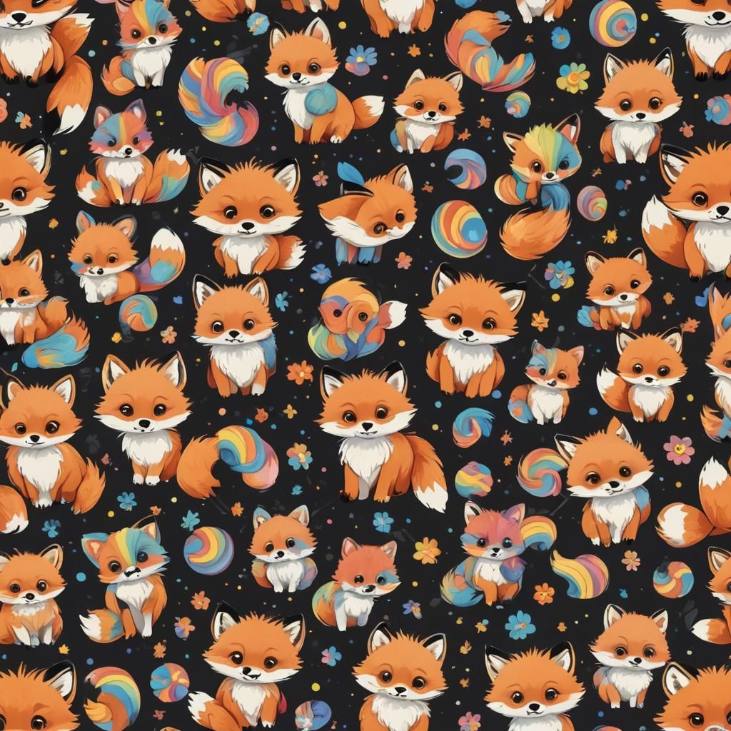 Cartoon baby foxs, rainbow Fluffy with big brown eyes, cute, full body main focus plain black background