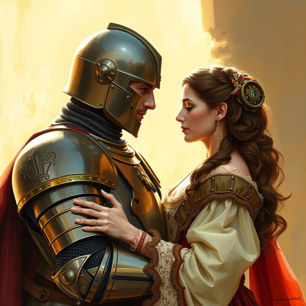 Renaissance Knight Embracing His Lady in Warm Golden Light