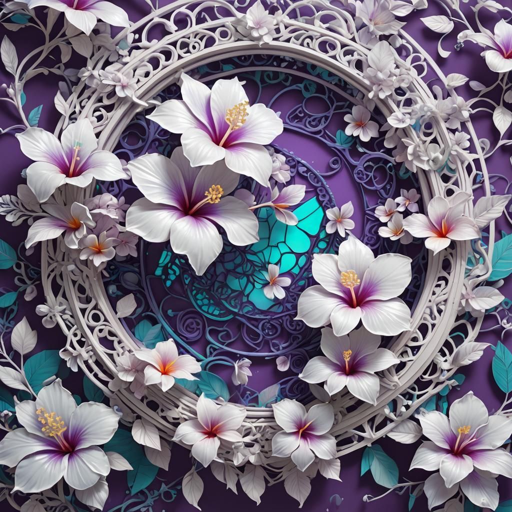 White Filigree hibiscus portal purple 
aqua  iridescent lace...