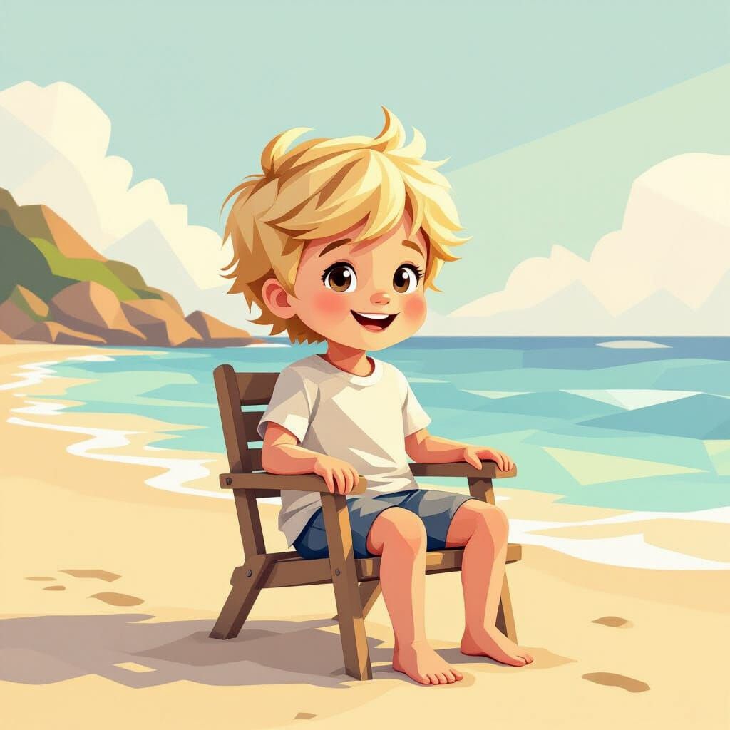 Child at Beach with Low-Poly Waves, 3D Rendered