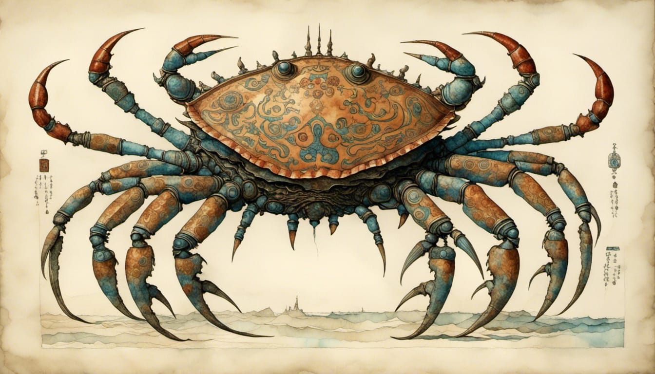<lora:Aquarius:1.0> giant crab monster whose shell is painte...