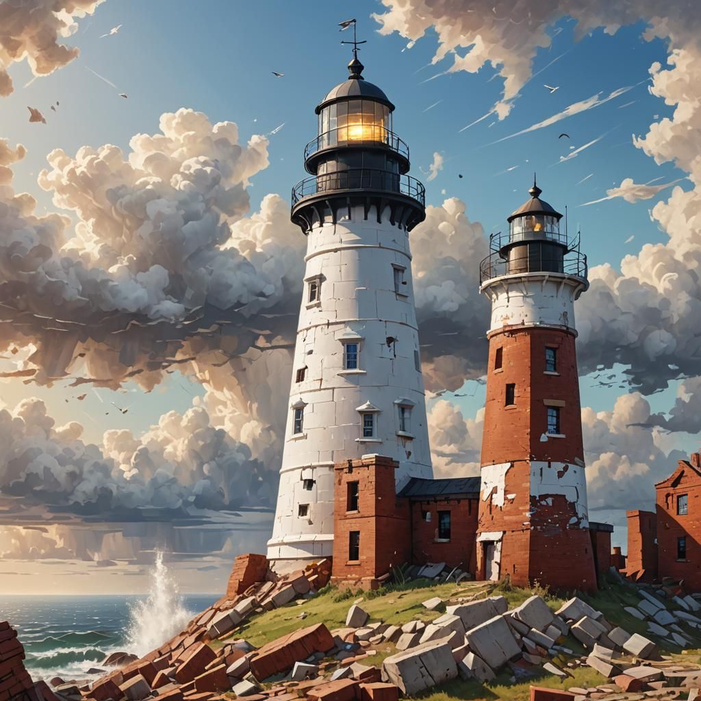New white lighthouse on the hilltop close to the old redbric...