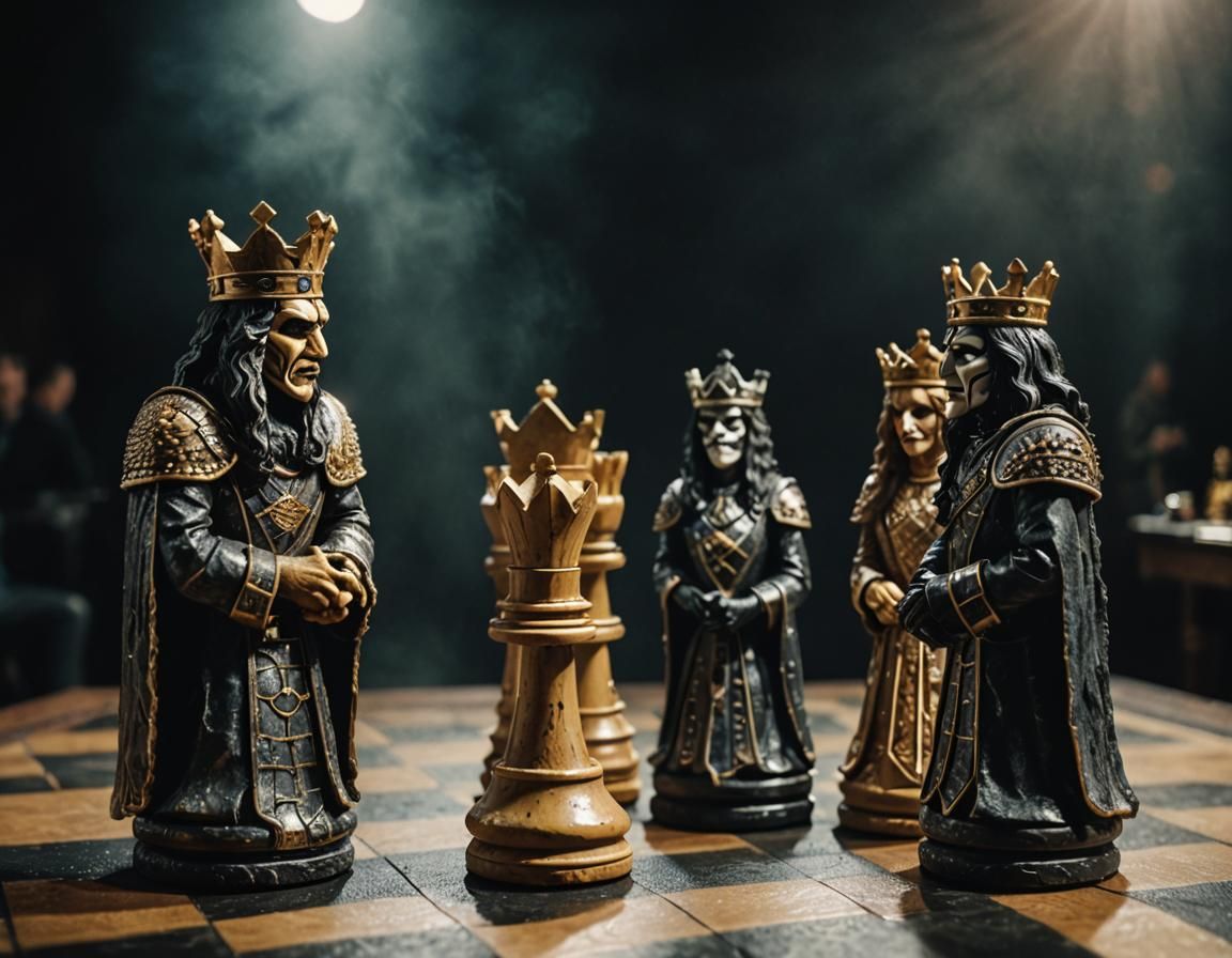 Chess pieces, 2 Kings and 2 Queens, all four have the faces of the rock band KISS.  by @HawkStar