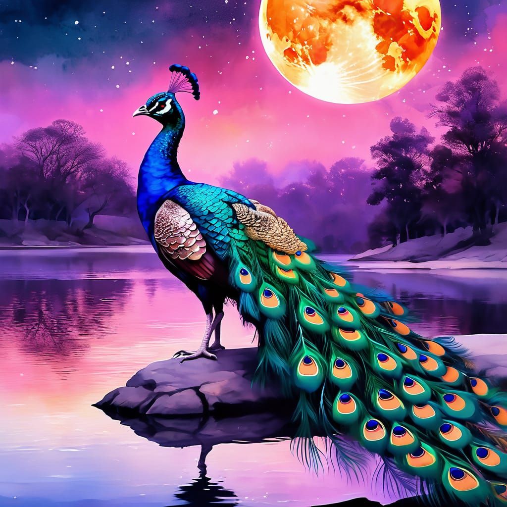 Peacock by pink lake landscape 8 Likes  by @MBee