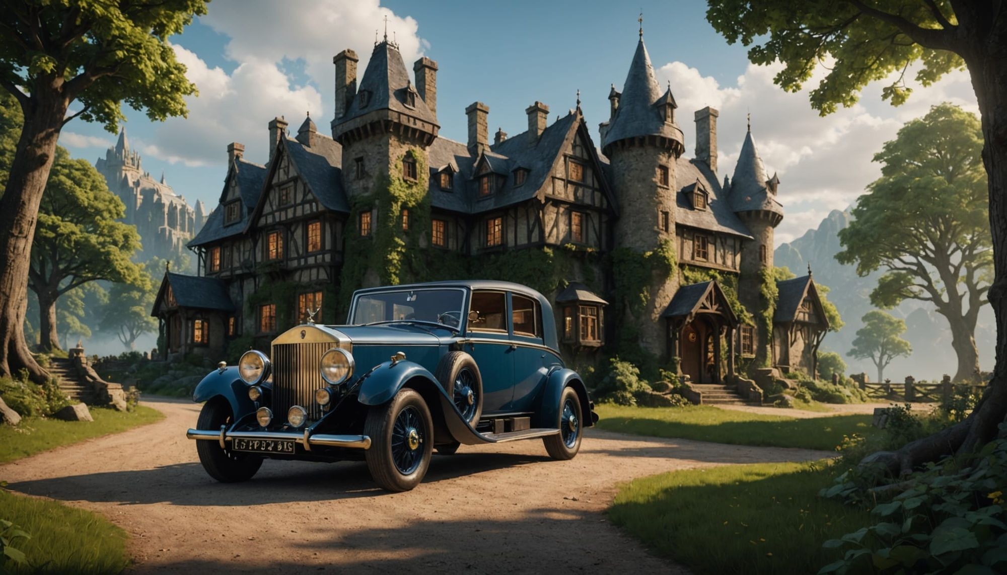 a 1920 Rolls Royce in front of an elven castle.