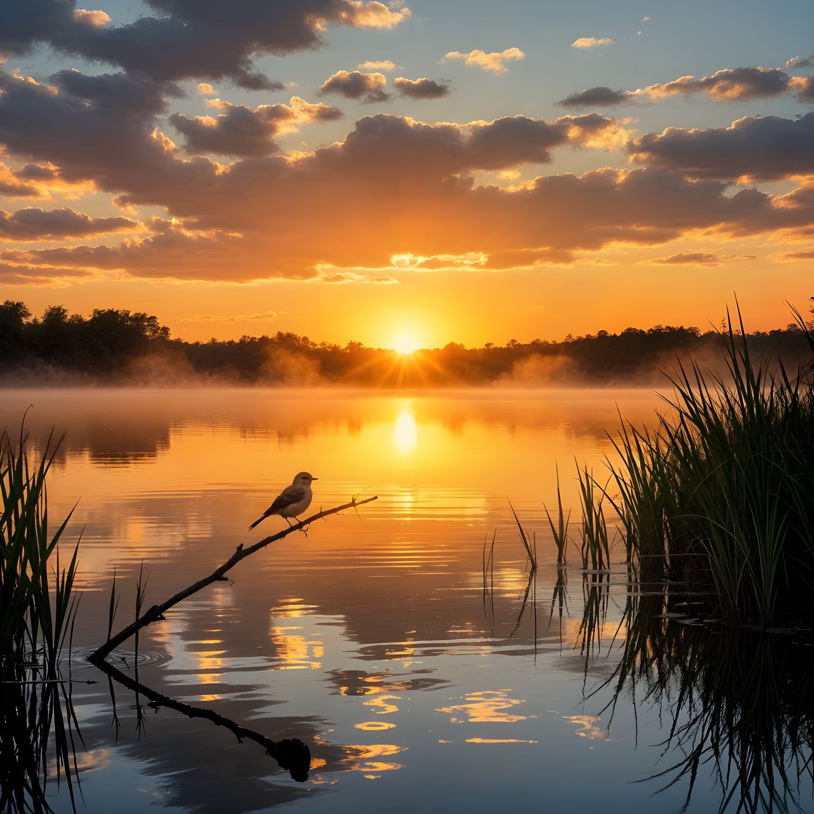  Bird on Branch Over Water at Golden Hour Sunset  by @Evan Fischer