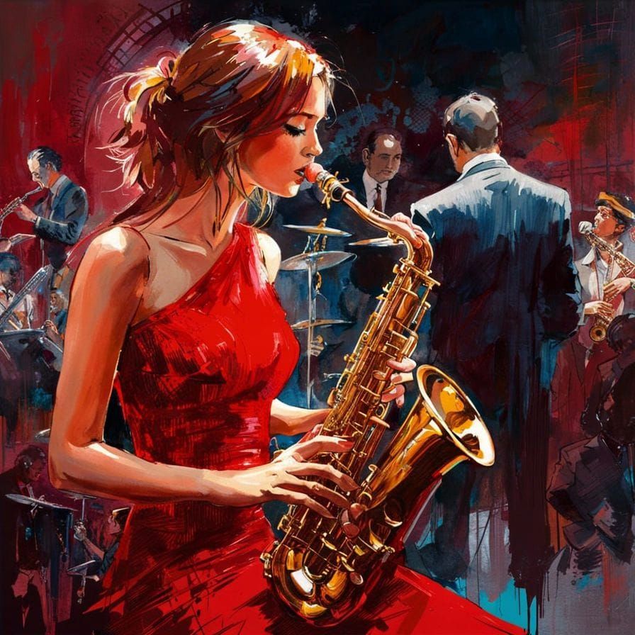 Girl in red plays the saxophone - AI Generated Artwork - NightCafe Creator