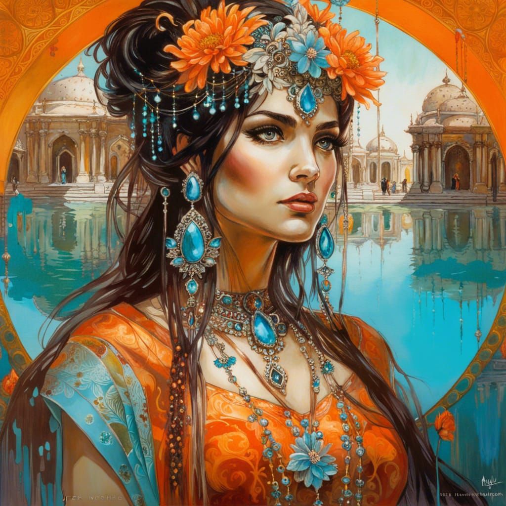 Ornate Persian Princess and Mirrored Reflection