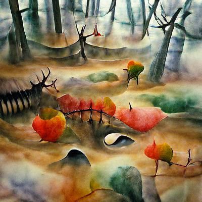 a quiet forest in Autumn surrealism watercolor