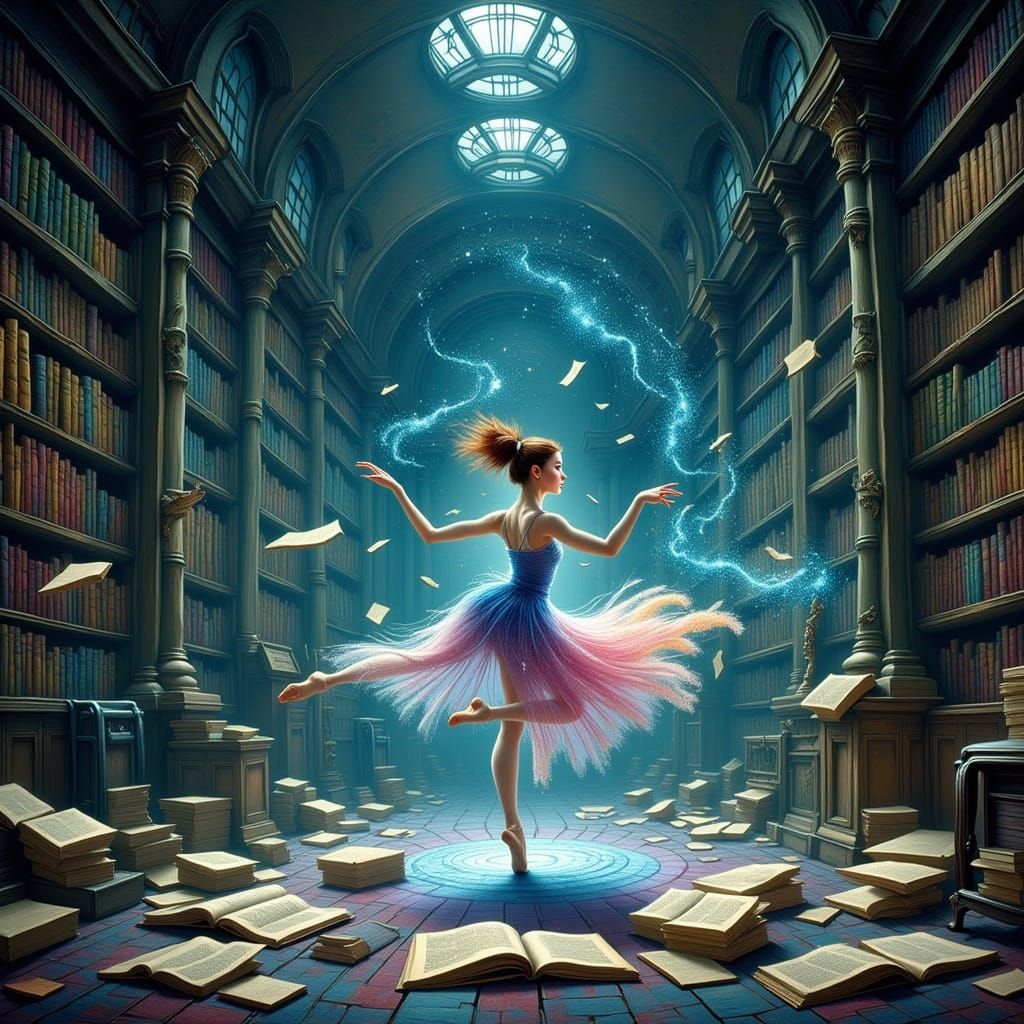 <lora:Flux Dance:1.0> An ethereal dancer, her form composed of swirling stardust and nebulae, performs a graceful pirouette in the center of...