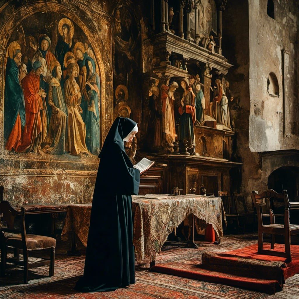 nun praying in church <lora:Medieval Paintings:1.0>