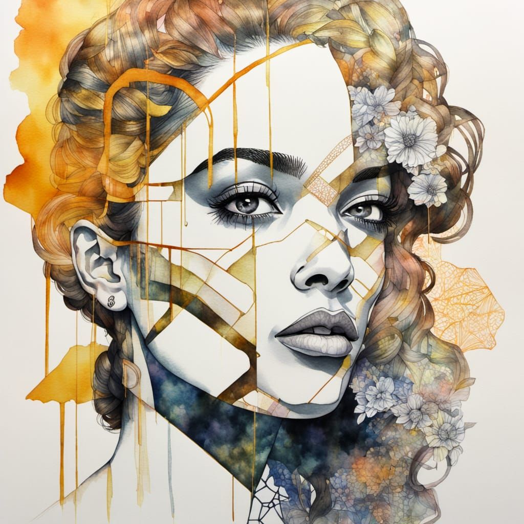 Portrait, girl, Double Exposure, Amber, Glitchcore, Art Deco, Watercolor and Pen, Elizabeth Turk, Mickalene Thomas