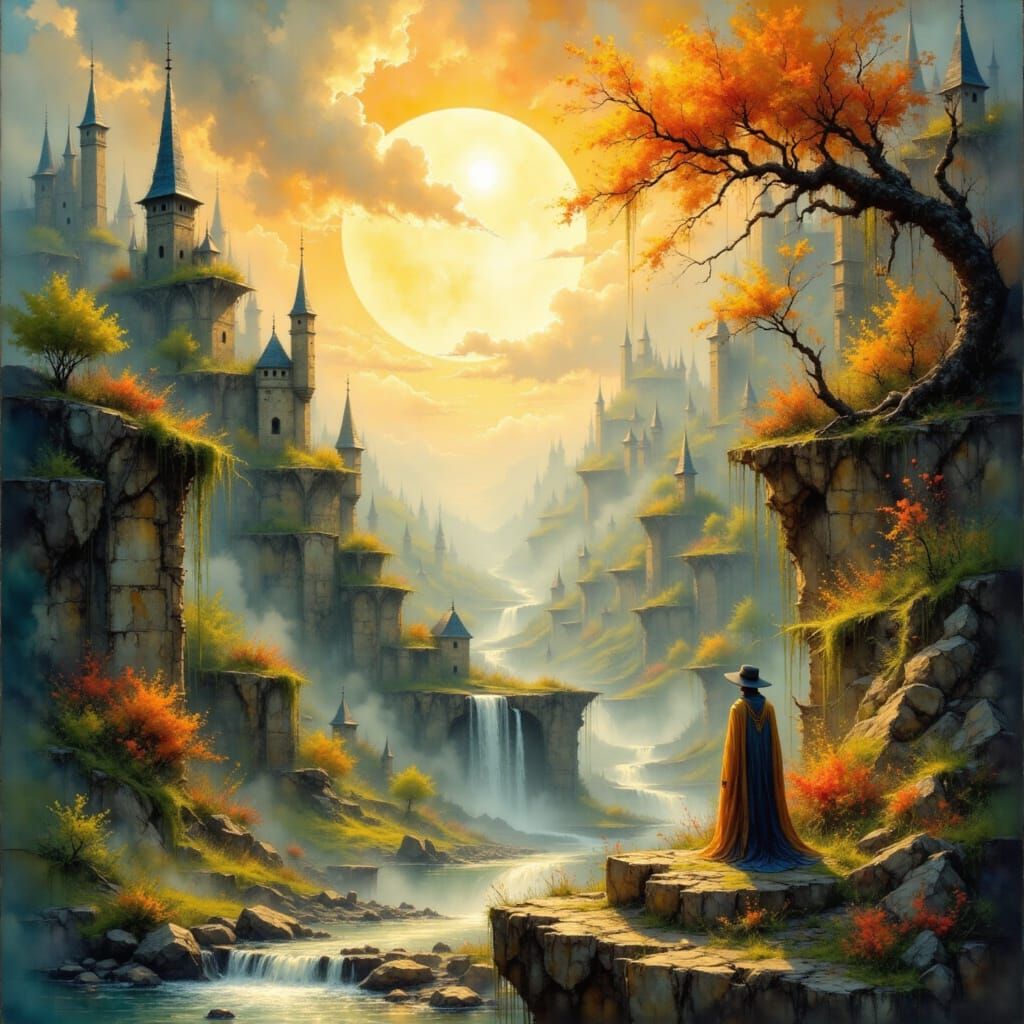 a beautiful marigold, goldleaf, a magnificent lush summerscape in the background, with beautiful rivers and valleys, waterfalls, flowers, mi...