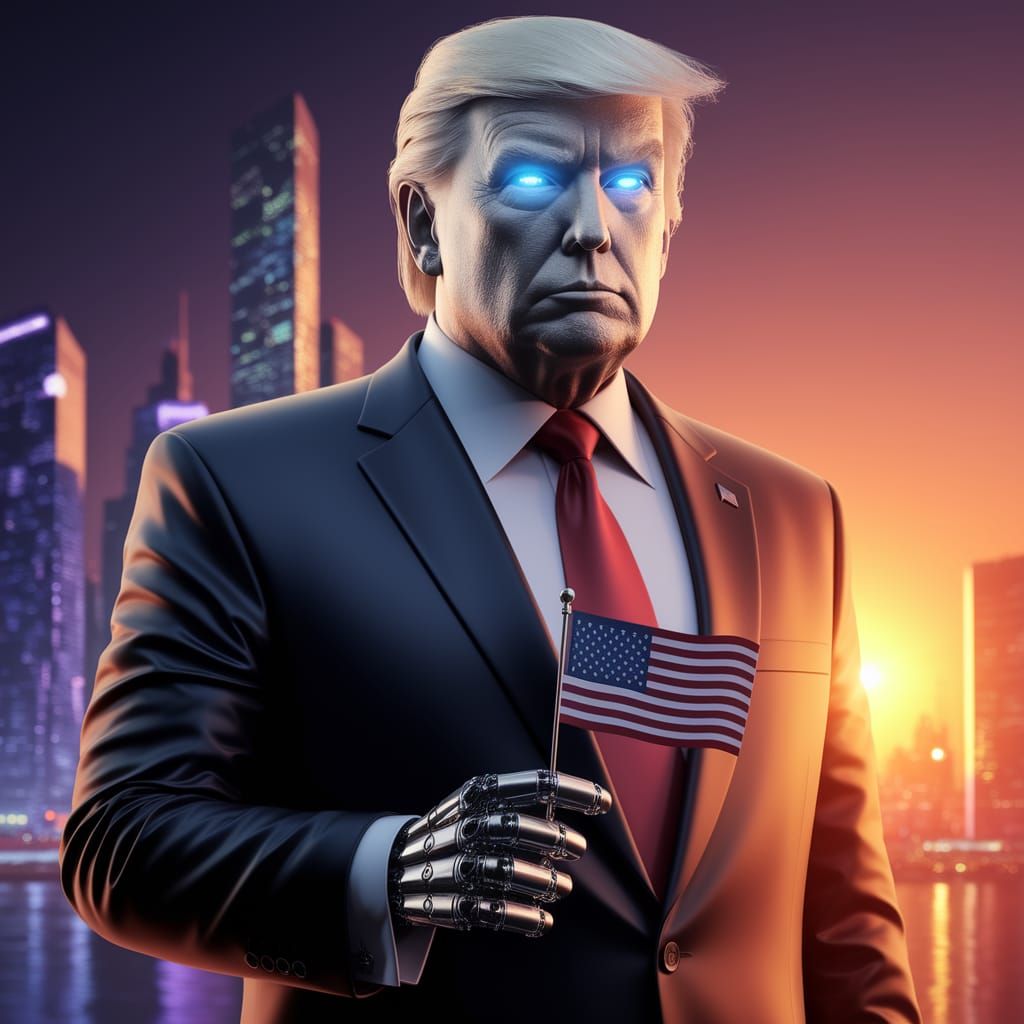 Donald Trump as a Futuristic Robot in a Neon Cityscape